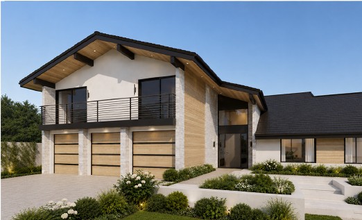 Front of a modern custom home with three-car garage and upper balcony